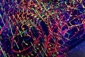 Dynamic neon abstract artwork featuring glowing patterns and vibrant colors under UV light.